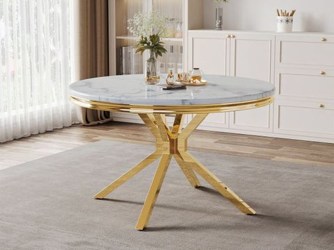 Cloten White Marble Dining Table Gold Base inside Round Marble Dining Table With Gold Rim